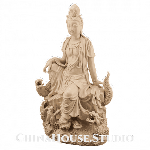 Статуэтка, фарфоровая "Гуань Инь на Драконе" – богиня милосердия и сострадания в интернет студии декора / шоурум | ChinaHouse.studio