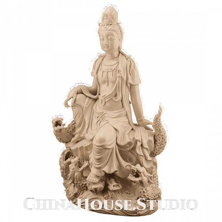 Статуэтка, фарфоровая "Гуань Инь на Драконе" – богиня милосердия и сострадания в интернет студии декора / шоурум | ChinaHouse.studio